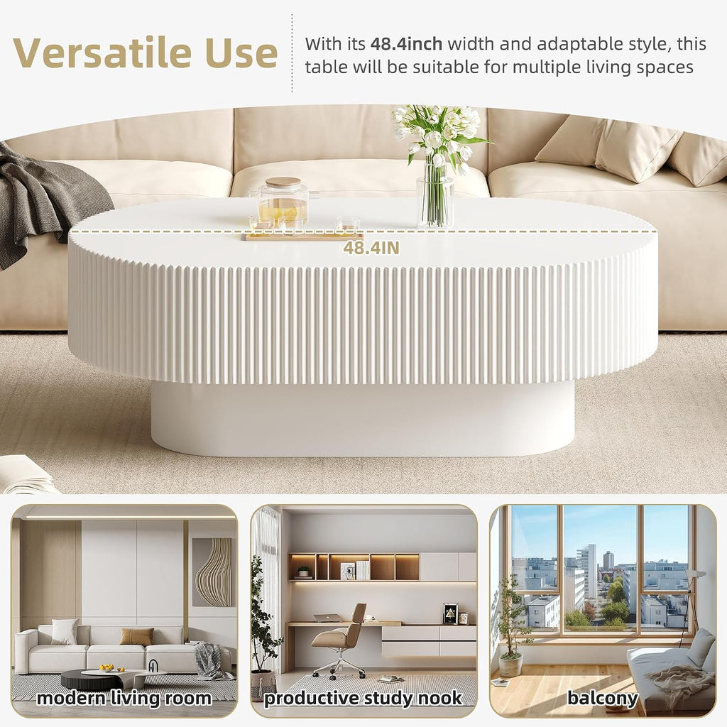 Merax Modern Large Oval Coffee Table with Sturdy Base, Wood Minimalist Fluted Center End Tables for Living Room Reception Room, Easy Assemble,White