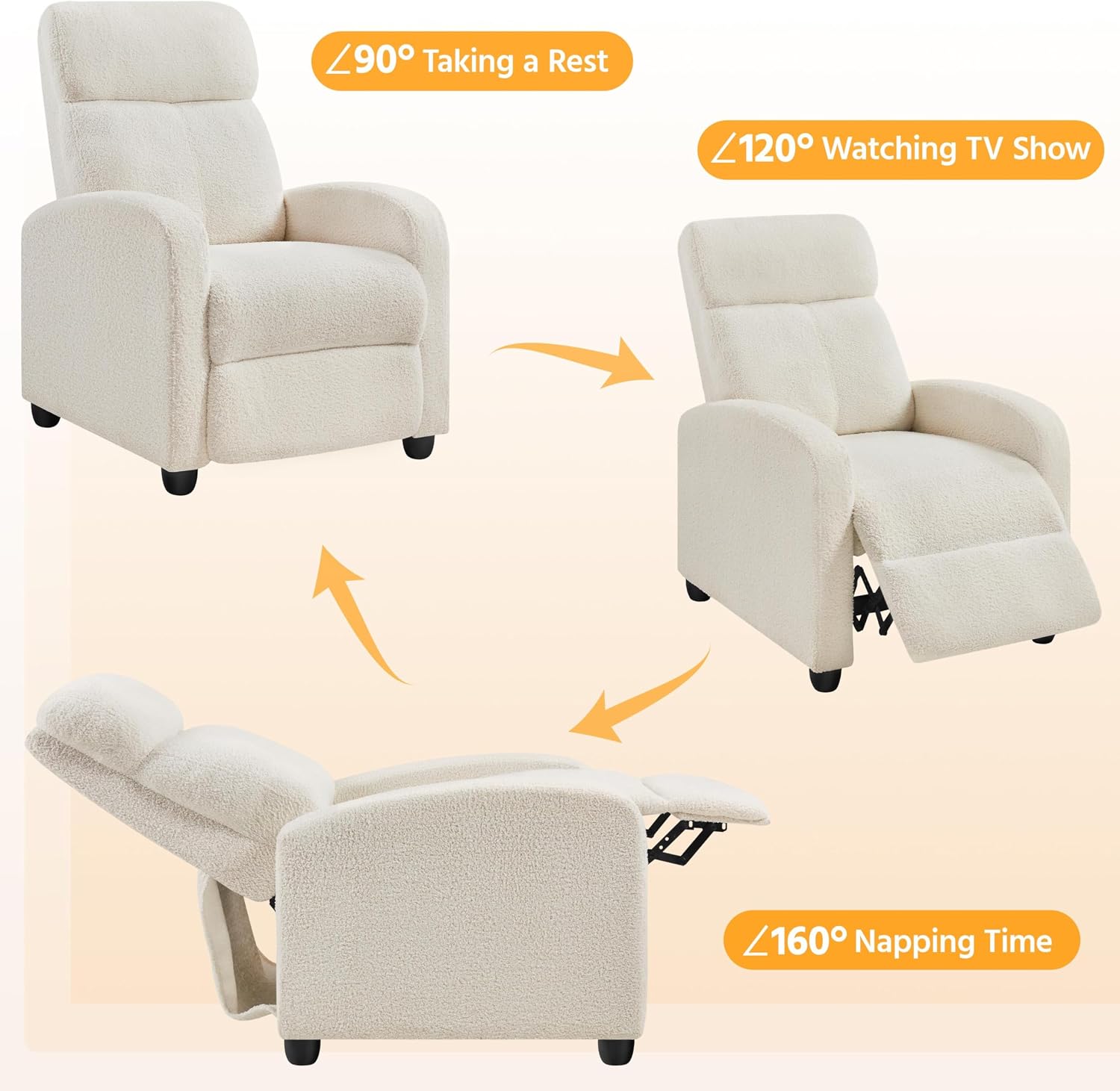 Topeakmart Fabric Recliner Chair Adjustable Modern Single Sofa Chair with Pocket Spring Living Room Bedroom Home Theater Ivory
