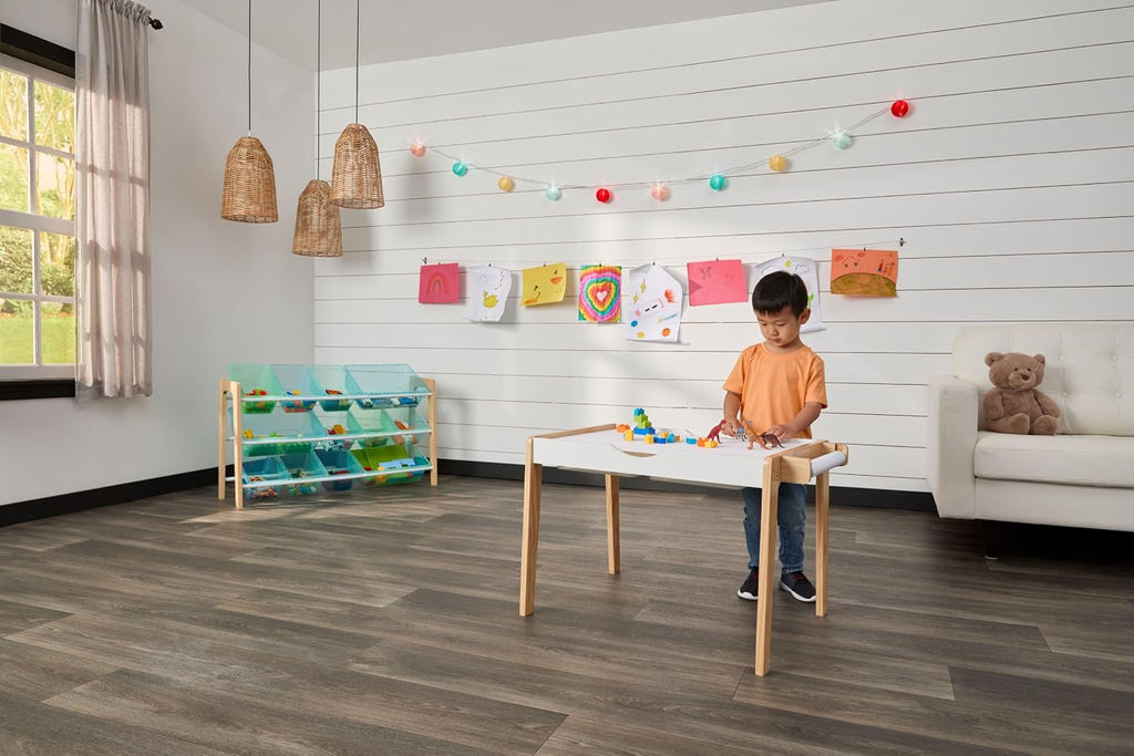 Humble Crew Kids Activity Table with Storage, 3-in-1 Table with Building Bricks, Art Paper Roll & 12-Bin Organizer, Playroom Desk for Learning, Crafts & Building Block Play