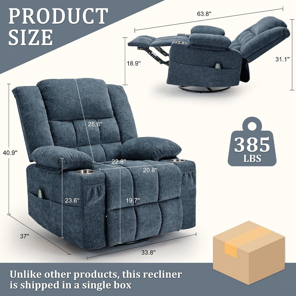 Korser 360° Swivel Rocker Recliner for Adult, Nursery Glider Recliners with Massage & Heating, Rocking Chair with Cup Holder, Manual Recliner Chair for Living Room, Bedroom (Blue)