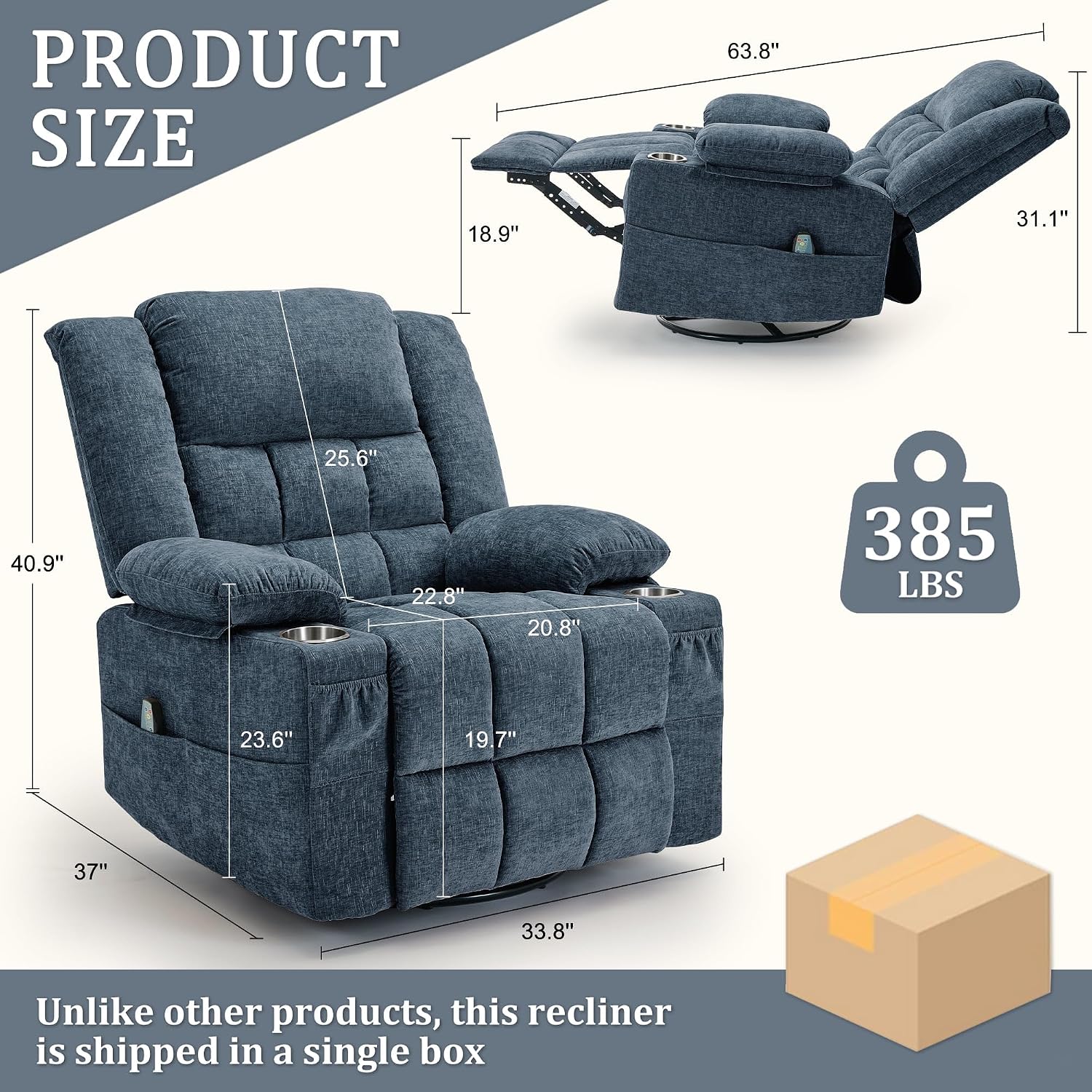 Korser 360° Swivel Rocker Recliner for Adult, Nursery Glider Recliners with Massage & Heating, Rocking Chair with Cup Holder, Manual Recliner Chair for Living Room, Bedroom (Blue)