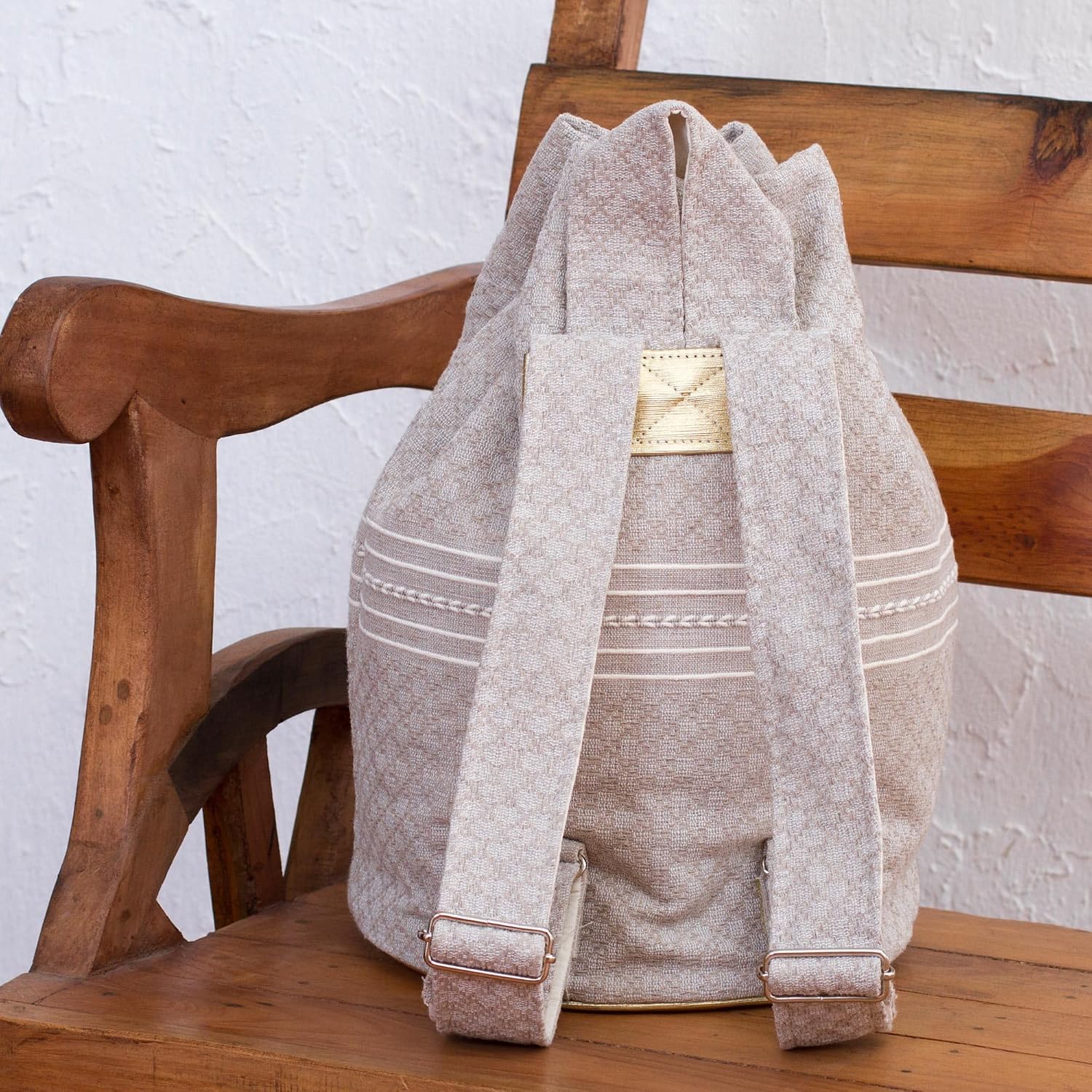 NOVICA Artisan Handcrafted Cotton Backpack Striped Drawstring Mexico Handbags Beige Backpacks Patterned Woven ' Day Trip Dream'