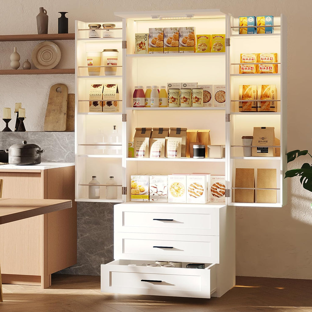 FJTJBSI 72' LED Kitchen Pantry Cabinet with 3 Drawers Farmhouse Tall Storage Cabinet Wood Food Pantry with Barn Doors and Adjustable Shelves Versatile Storage Freestanding Cupboard for Kitchen