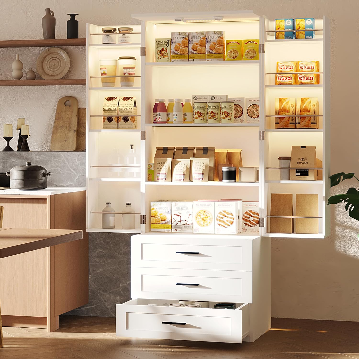 FJTJBSI 72' LED Kitchen Pantry Cabinet with 3 Drawers Farmhouse Tall Storage Cabinet Wood Food Pantry with Barn Doors and Adjustable Shelves Versatile Storage Freestanding Cupboard for Kitchen