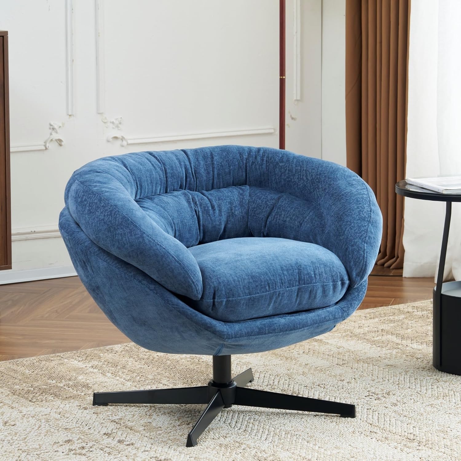 Christopher Knight Home 360° Swivel Club Chair,Chenille Upholstered Accent Chair with Removable Cushion, Round Office Chair with Black Metal Base,Navy Blue