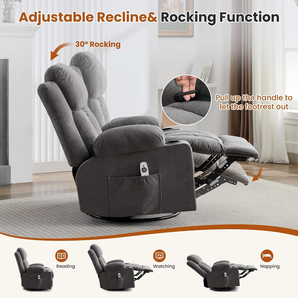 MAHOMICO Swivel Rocker Recliner Chair with Vibration Massage and Heat for Living Room,with Rocking Function and Side Pocket, USB Charge Port,2 Cup Holders