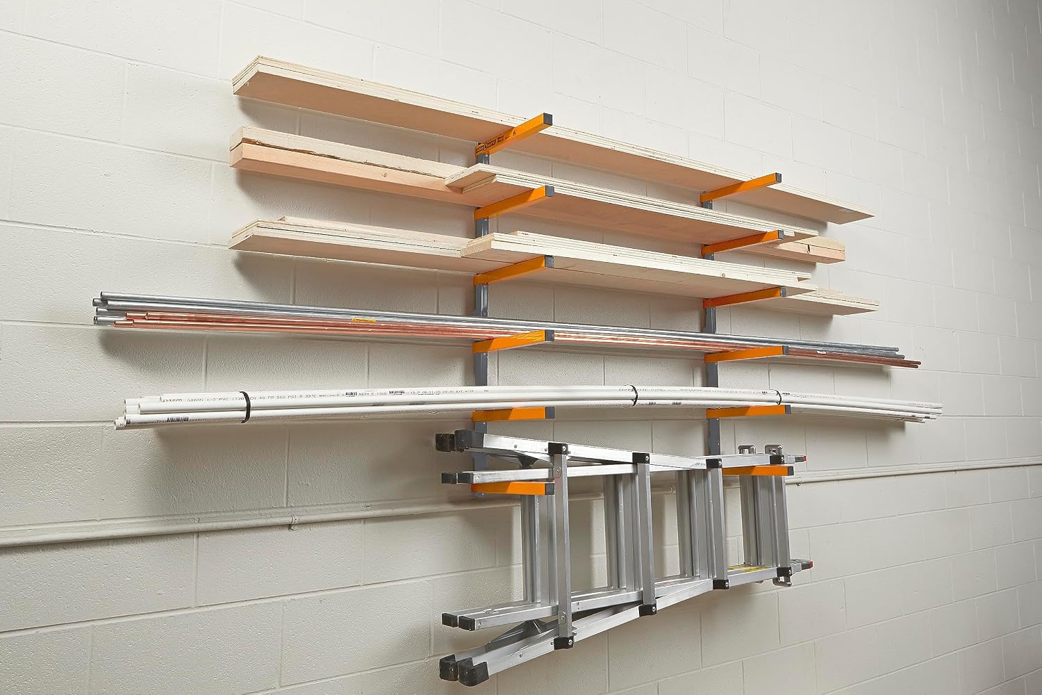 Bora 4-Piece Parallel Clamp Set 571550I & Wood Organizer and Lumber Storage Metal Rack with 6-Level Wall Mount – Indoor and Outdoor Use, In Orange | PBR-001