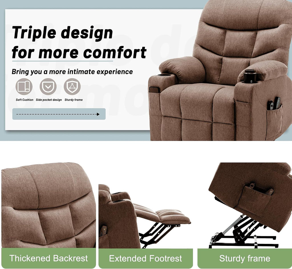 Korser Power Recliner Chair with Massage and Heating, Power Lift Recliner Chair for Elderly and Adults, Electric Recliner with Remote Control and Cup Holders for Living Room, Linen Fabric, Brown