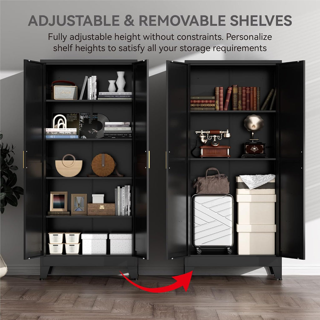 Farmhouse Pantry Cabinet with Barn Doors, 71' H x 31.5' W, 5-Tier Metal Storage Cabinet with 4 Adjustable Shelves for Kitchen Garage Dining Room, Black 1 Pack