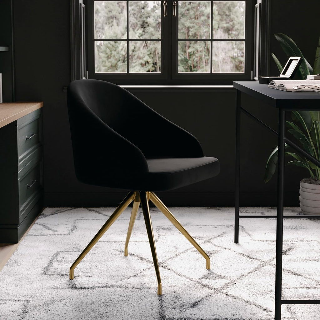 Martha Stewart Sora Stationary Swivel Task Chair with Sloped Arms for Home Office in Black Velvet with Polished Brass Frame