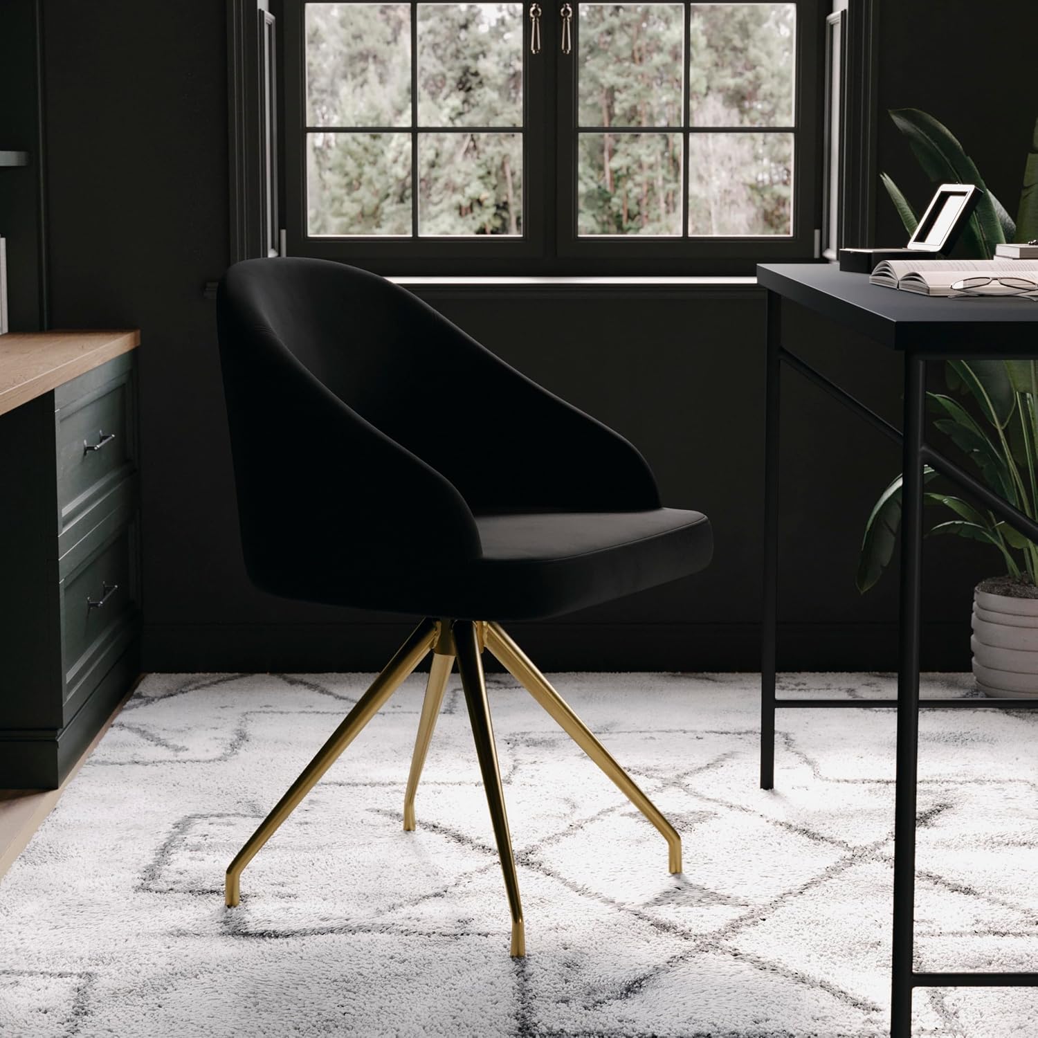 Martha Stewart Sora Stationary Swivel Task Chair with Sloped Arms for Home Office in Black Velvet with Polished Brass Frame