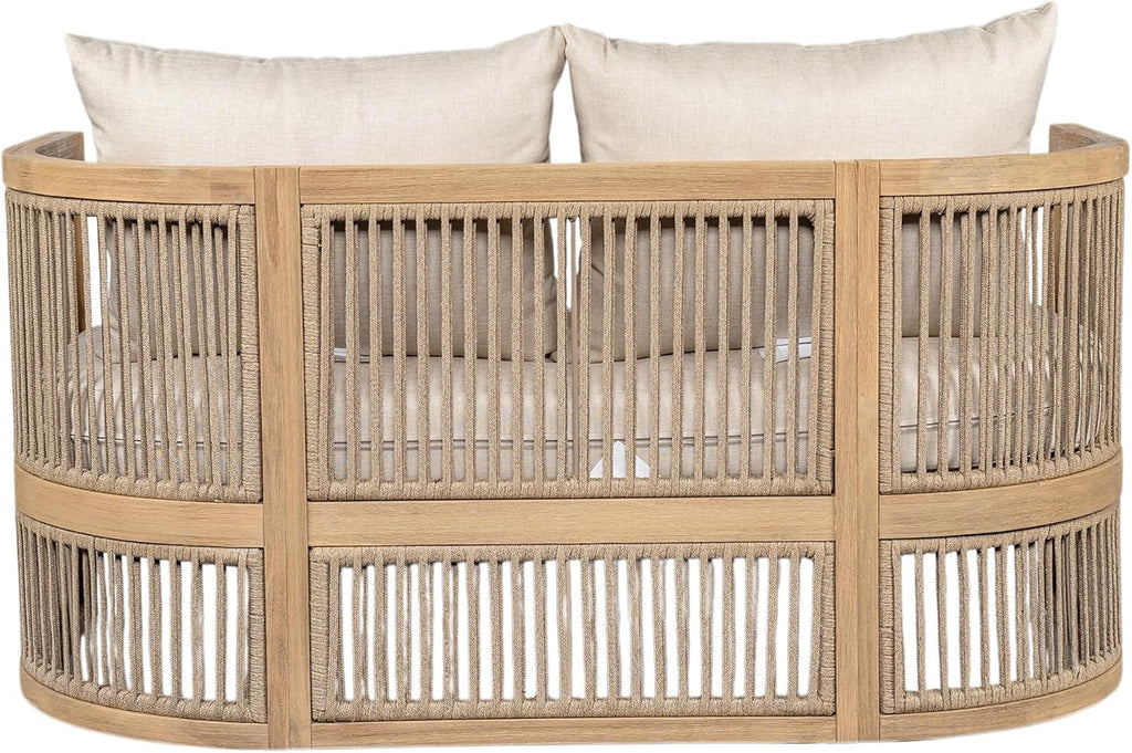 Christopher Knight Home Faine Acacia Wood Outdoor Loveseat Sofa, Patio Loveseat Furniture Set for 2 Seaters, Tub Design Patio Outdoor Sofa Couch with Woven Rope and Removable Cushion, Light Teak+Beige