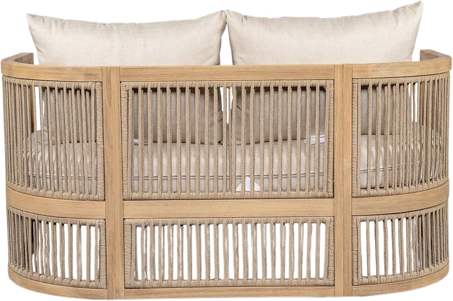 Christopher Knight Home Faine Acacia Wood Outdoor Loveseat Sofa, Patio Loveseat Furniture Set for 2 Seaters, Tub Design Patio Outdoor Sofa Couch with Woven Rope and Removable Cushion, Light Teak+Beige