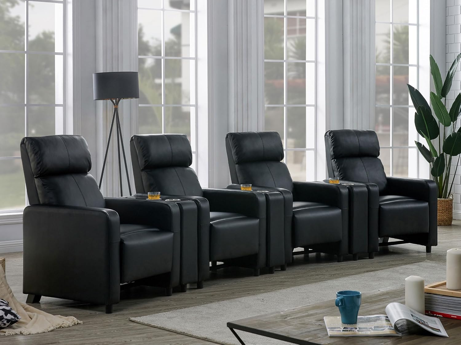 Coaster Home Furnishings - Toohey - Faux Leather - 7-piece Theater Seating with Consoles and Recliners with Tufted Backrests and Slim Track Armrests - Living Room, Home Theater - Black - 600181-S4A