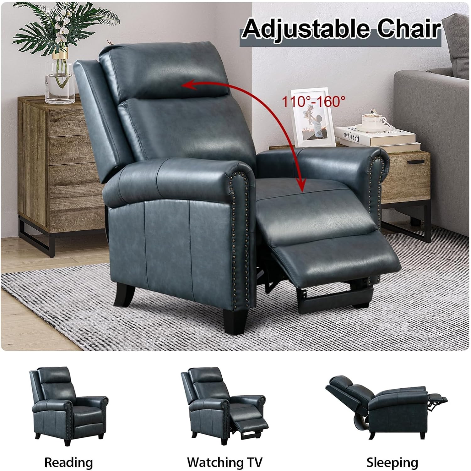 CANMOV Leather Recliner Chair Set of 2, Classic and Traditional Push Back Recliner Chair with Comfortable Arms and Back for Living Room Bedroom Adjustable Single Sofa,Navy Blue