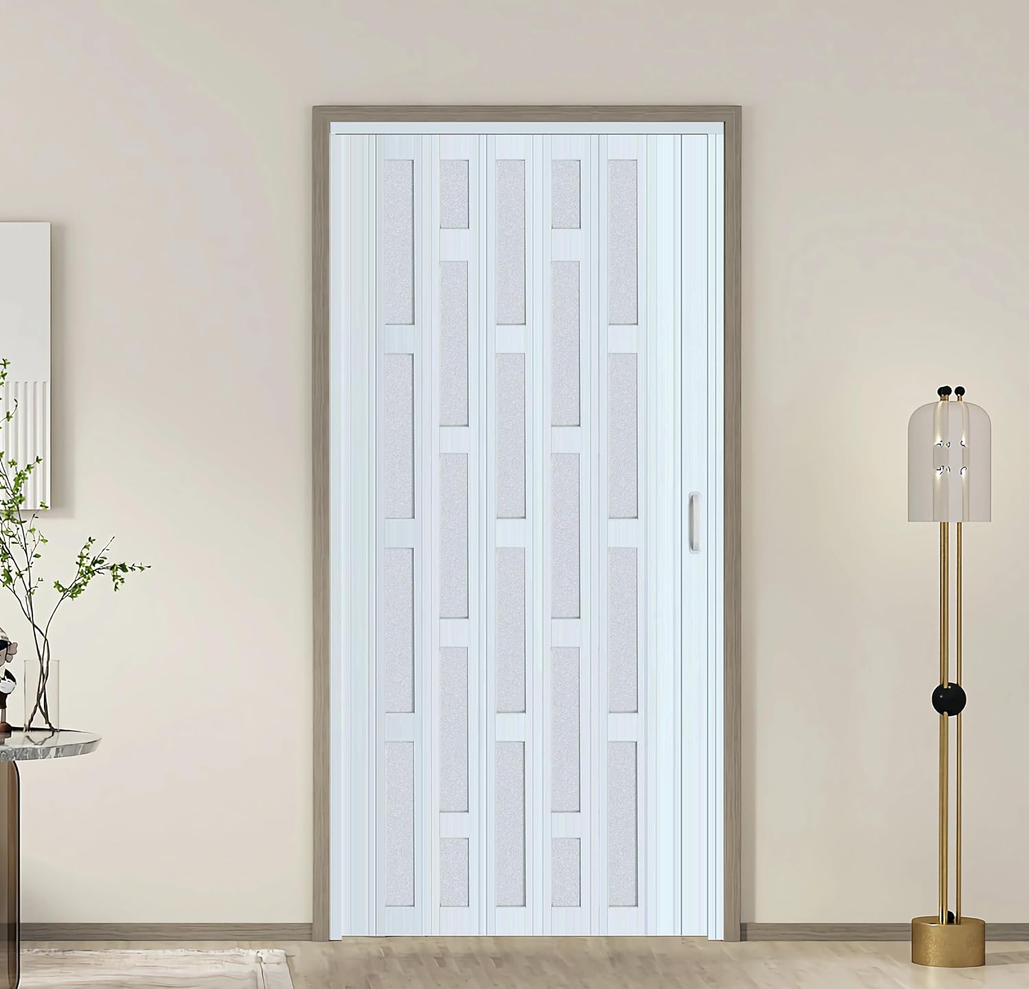 DIYHD 42X96in Glass Accordion Door for Tall Openning, Double-Wall Thick PVC Folding Interior Door with Frosted Acrylic - Blocks Views, Lets Light in, Easy Install for Closet, Utility & Room Divider