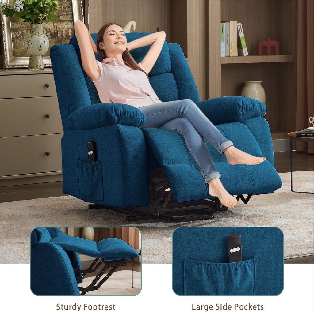 Korser Oversized Power Lift Recliner for Elderly, Extra Wide Electric Recliner Chairs with Massage and Heat, Reclining Chair with Side Pockets, Recliner for Living Room (Cashmere, Blue)