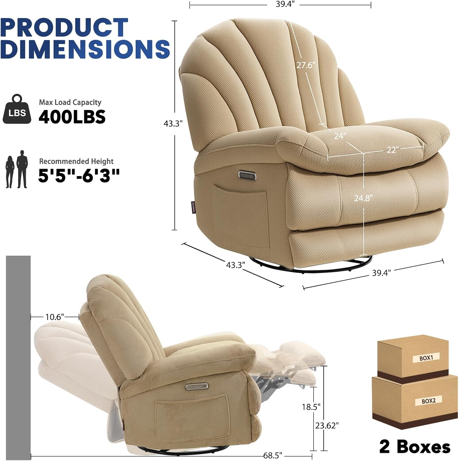 EONIX Dual Motor Power Swivel Rocking Recliner Chair for Living Room, Armless Oversized Shell Shape Lazy Boy Rocker Recliner, Plush Fabric Thickened Cushion, Elevated Soft and Comfort, Beige
