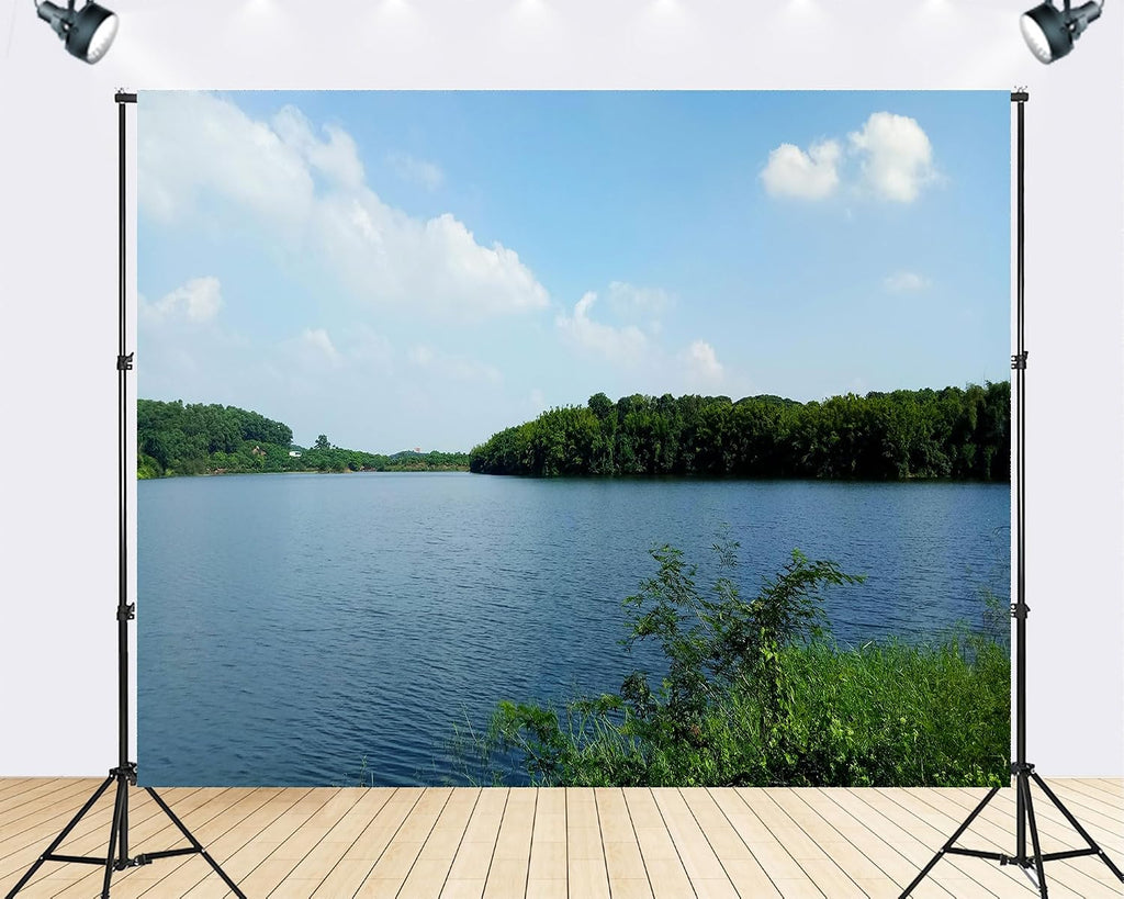 Trykid 20x10ft Tranquil Lake Forest Backdrop Blue Green Water Nature Photography Background Travel Vlog Camping Trip Wildlife Documentary Tapestry Party Decoration Photo Studio Prop Fabric