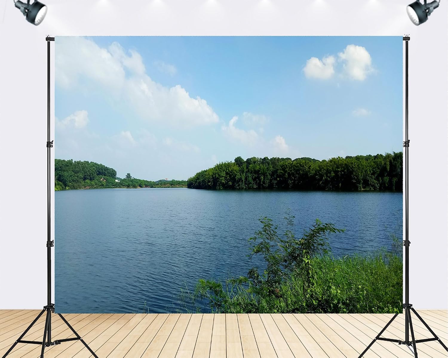 Trykid 20x10ft Tranquil Lake Forest Backdrop Blue Green Water Nature Photography Background Travel Vlog Camping Trip Wildlife Documentary Tapestry Party Decoration Photo Studio Prop Fabric