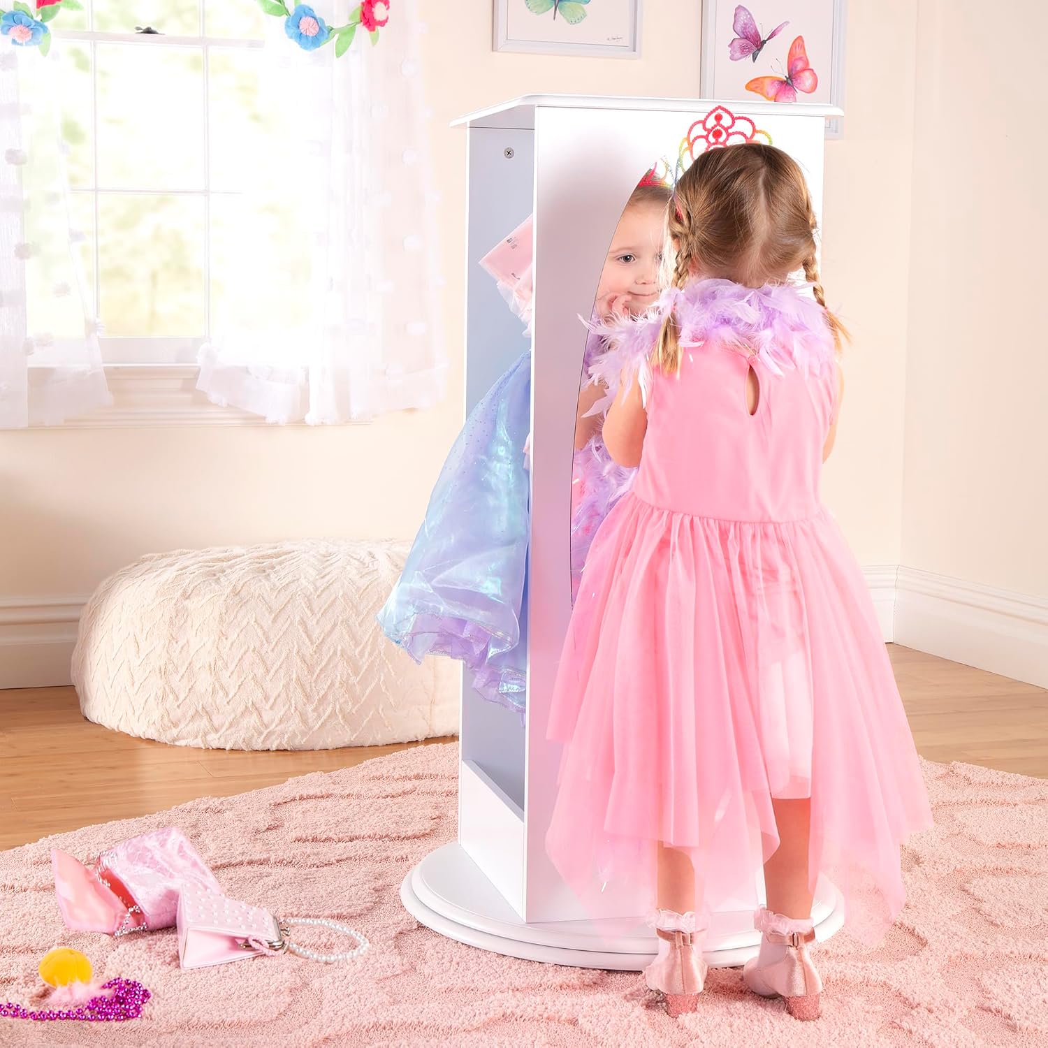 Guidecraft Rotating Dress-Up Storage - White: Kids' Armoire with 2 Mirrors, Cubbies & Hooks for Costumes, Clothes, Shoes and Accessories - Toddlers Pretend Play Station