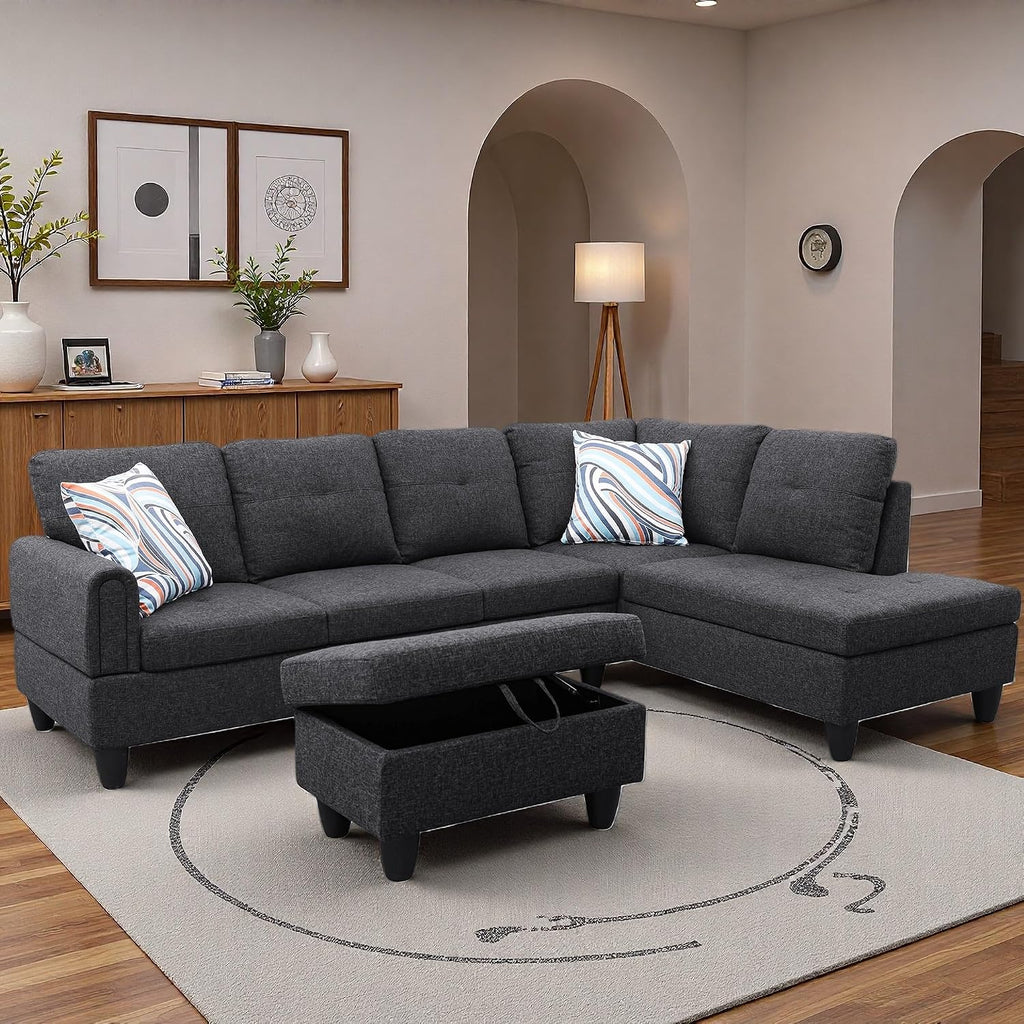 97.5' L Shaped Couch Set, Modular Sectional Couches for Living Room with Storage Ottoman, 4 Seat Home Sofa Living Room Furniture Sets with Chaise for Apartment Office (Linen, Black Grey)
