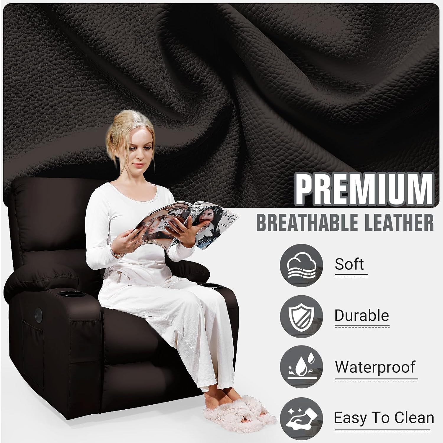 LEVELEVE Rocking Recliner Chair, Massage Rocker Recliner Chair with Vibration Massage and Heat, USB and Type-C Ports,360° Swivel Faux Leather Chairs, Living Room, Bedroom, Nursery, RV, Brown