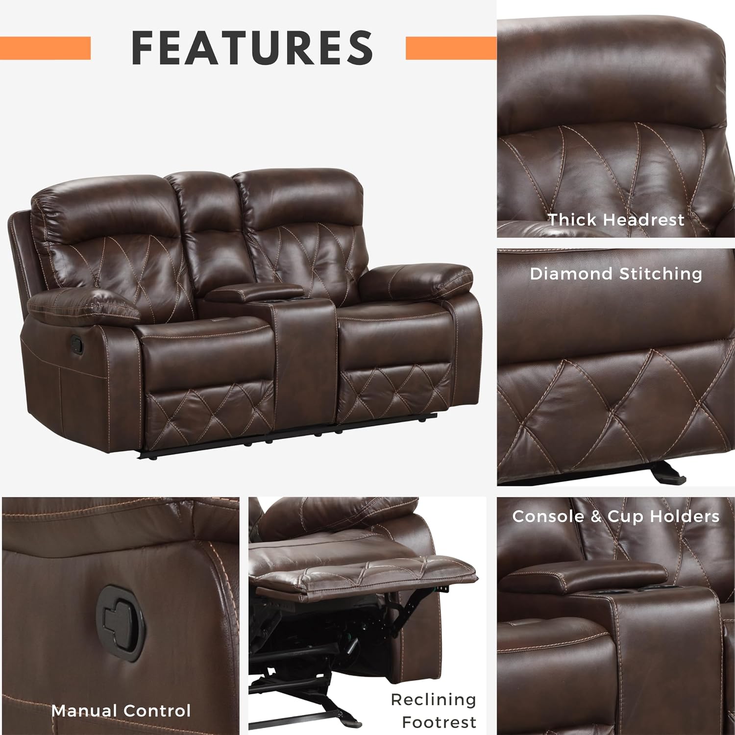 24/7 Shop at Home Skylar Transitional Breathable Leather Manual Recliner Loveseat with Fabric Lined Storage Console and Diamond Stitching for Living Room, Bedroom, Brown