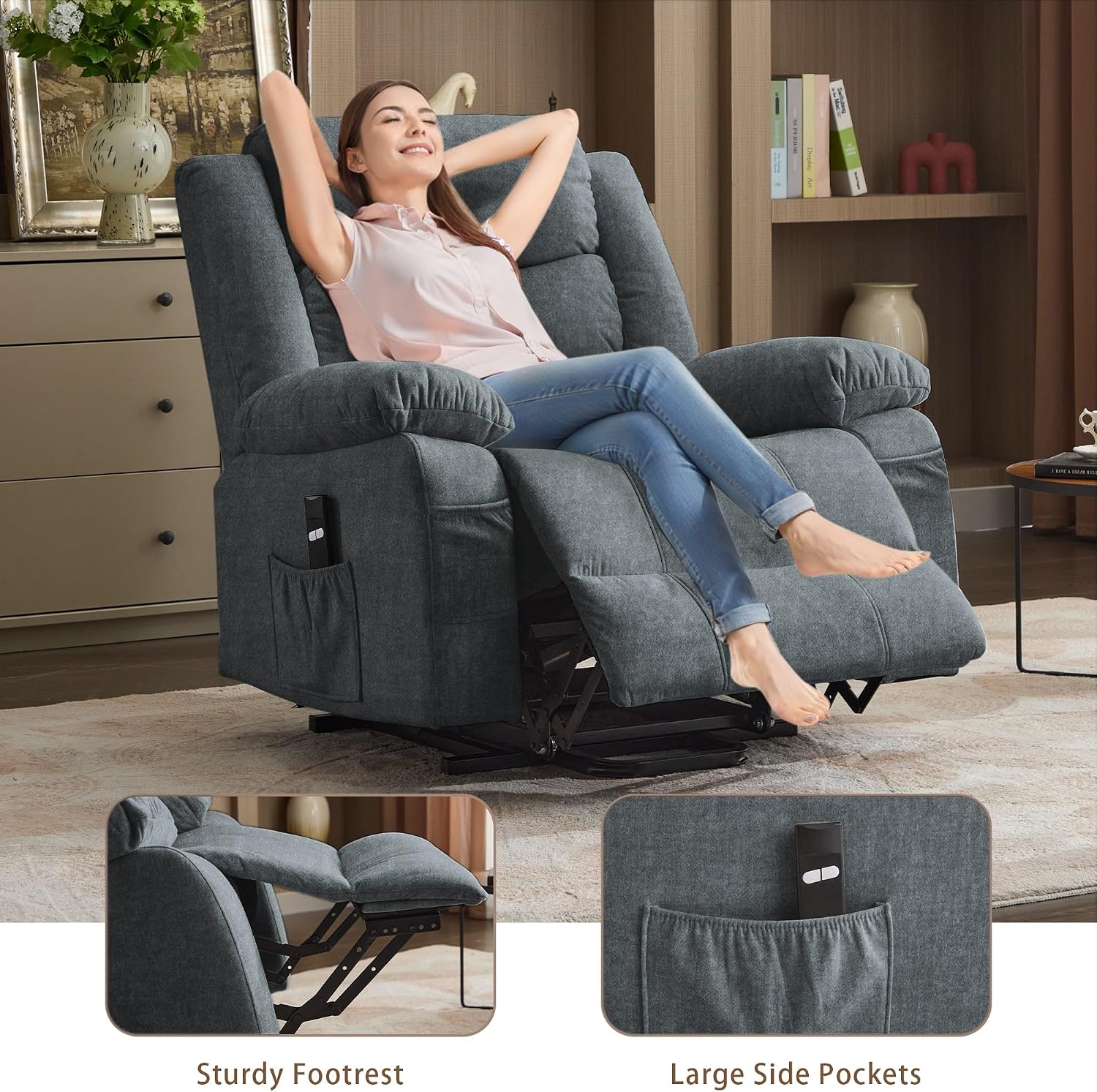 Korser Oversized Power Lift Recliner for Elderly, Electric Recliner Chairs with Massage and Heat, Extra Wide Recliner with Side Pockets, Reclining Chair for Living Room (Cashmere, Grey)