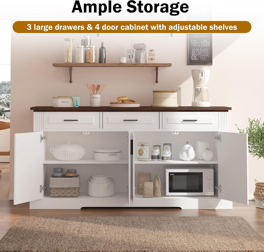 RiteSune Buffet Cabinet with Storage, 63' Modern Farmhouse Coffee Bar Cabinets with 3 Drawers and 4 Doors, Black Sideboard Buffet Cabinet, Wood Buffet Storage Table for Kitchen, Dining Room (White)