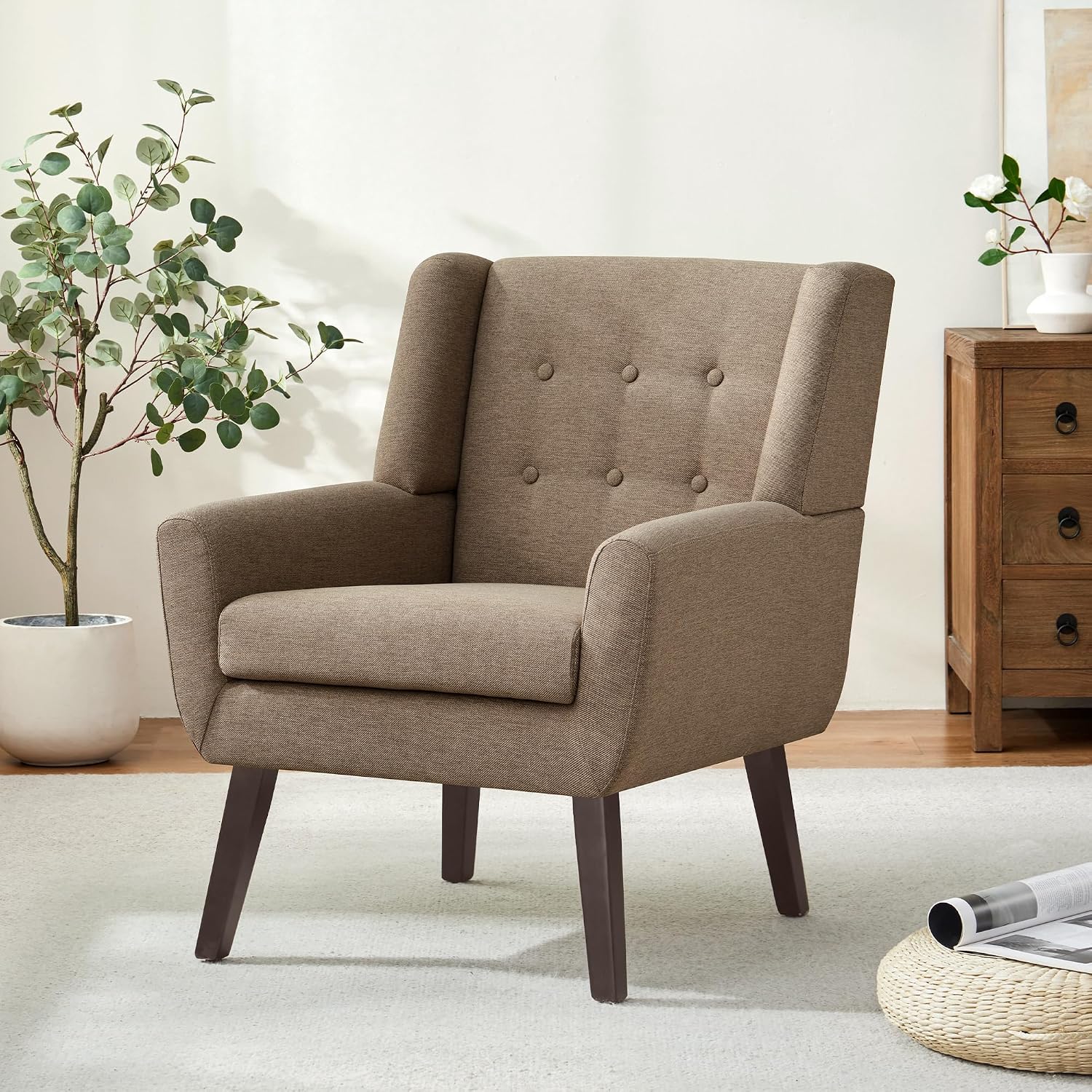 HUIMO Accent Chairs for Living Room,Linen Button-Tufted Upholstered Armchair with Wooden Legs,Comfy Mid Century Modern Chair for Bedroom Apartment Waiting Room Brown