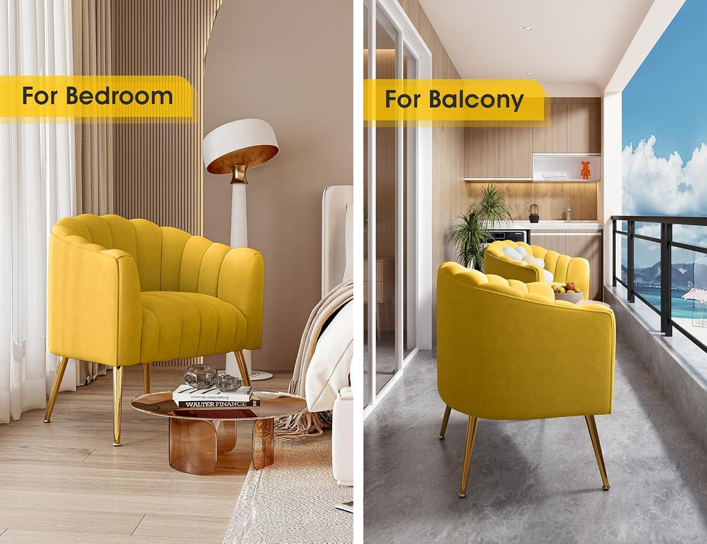 Dewhut Oversized Pumpkin Couch Accent Chair, Modern Comfy Velvet Upholstered Barrel Chairs, Luxury Single Sofa Armchair for Living Room, Waiting Room, Office and Vanity, (Yellow)