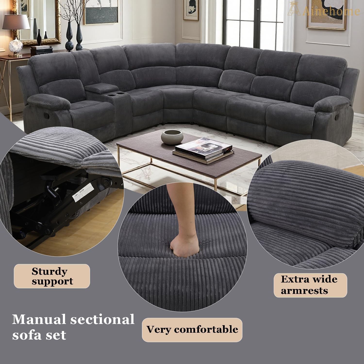 A Ainehome Furniture Manual Sectional Recliner Sofa Set with Storage, Corduroy Sofa Sets Manual Reclining Sectional Couches for Living Room with 2 Recliner Seats(Living Room Set, Dark Grey)