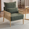 Karl home Cozy Chenille Accent Chair with Lumbar Pillow & Rattan Arms Modern Lounge Chair for Living Room, Bedroom, Reading Nook, Green