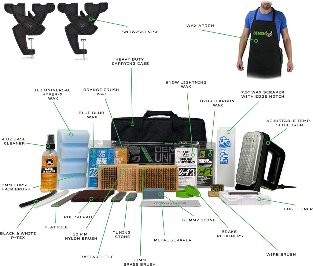 Demon Charger Plus Ski and Snowboard Tuning Kit with Iron, Wax, Vise, Brush Kit, Base Cleaner and Wax Apron