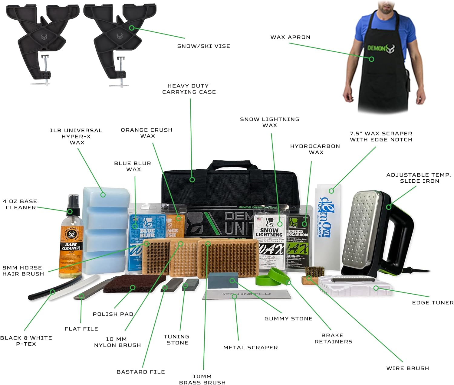 Demon Charger Plus Ski and Snowboard Tuning Kit with Iron, Wax, Vise, Brush Kit, Base Cleaner and Wax Apron
