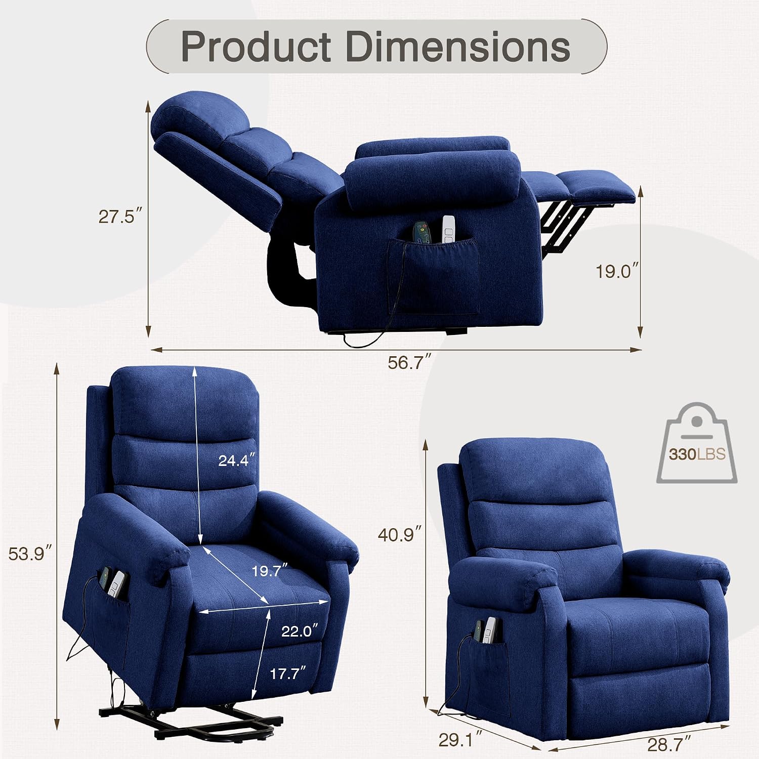 LOUVIXA Power Lift Recliner Chair Recliners for Elderly with Heat and Massage Recliner Chair for Living Room with Infinite Position and Side Pocket, USB Charge Port (Dark Blue)