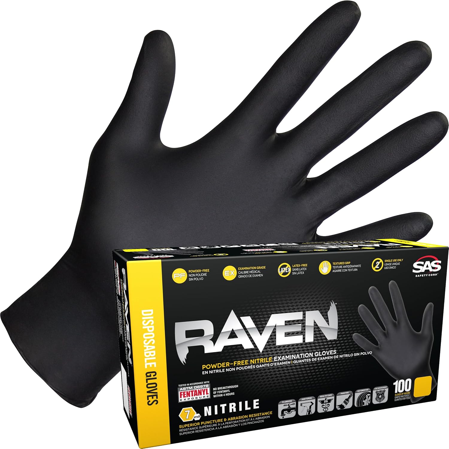 SAS Raven Powder Free Nitrile Disposable Gloves 7 Mil - XL Latex Free,Chemical + Puncture Resistant,Textured Grip,Single Use for Automotive,Industrial,Janitorial,MRO,Food Service 66519,(Pack of 10)