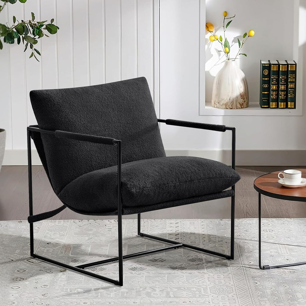 Furnilivng Large Sling Accent Chair, Comfortable Boucle Fabric Arm Chair, Upholstered Cozy Reading Chair for Living Room, Bedroom, Dressing Room, Home Office (Black, Set of 2)