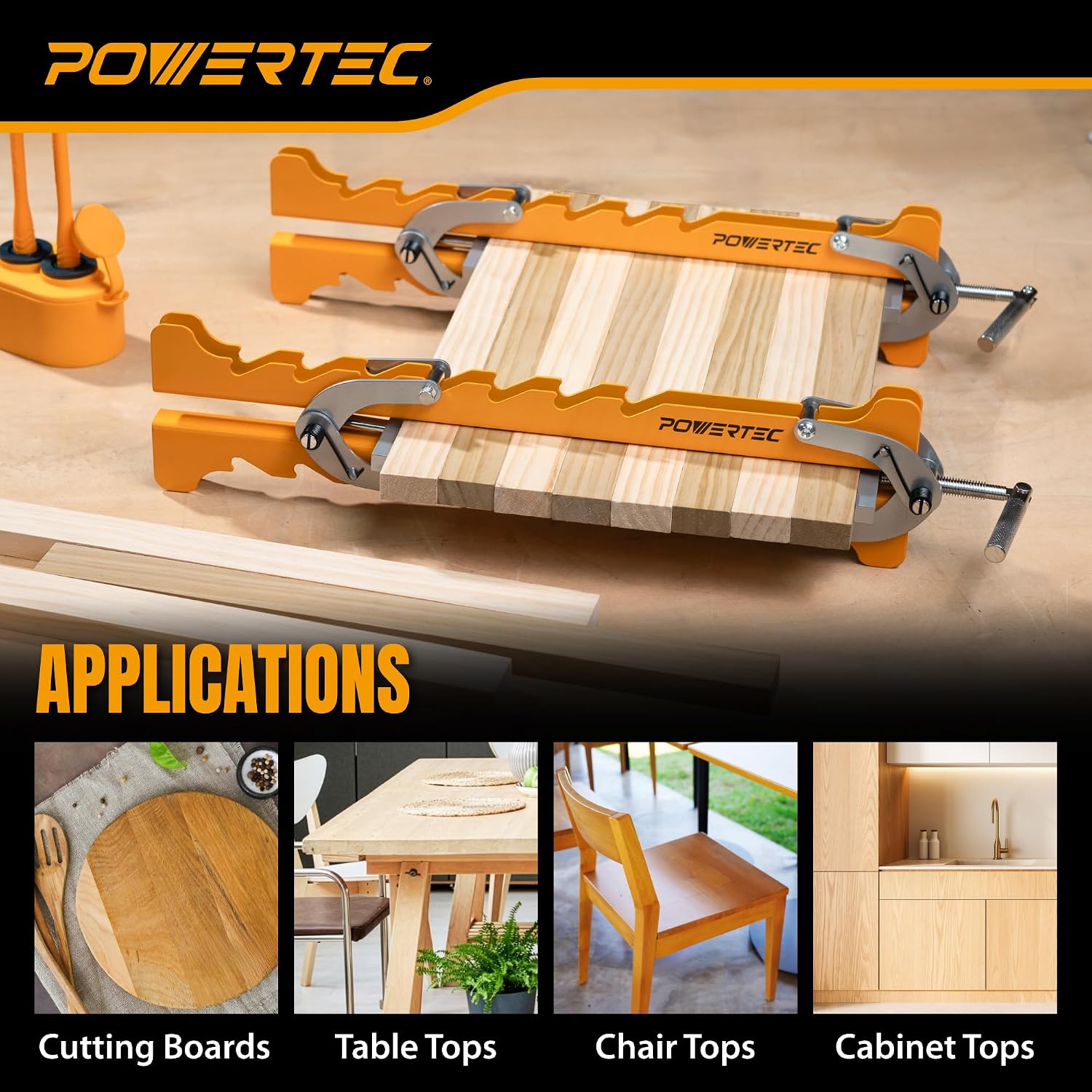 POWERTEC 16' Panel Clamps, 4-Way Pressure Cabinet Clamp Set with Storage Rack, Panel Glue-Up Clamps for Cutting Boards, Tabletops & Wood Panels (72436)