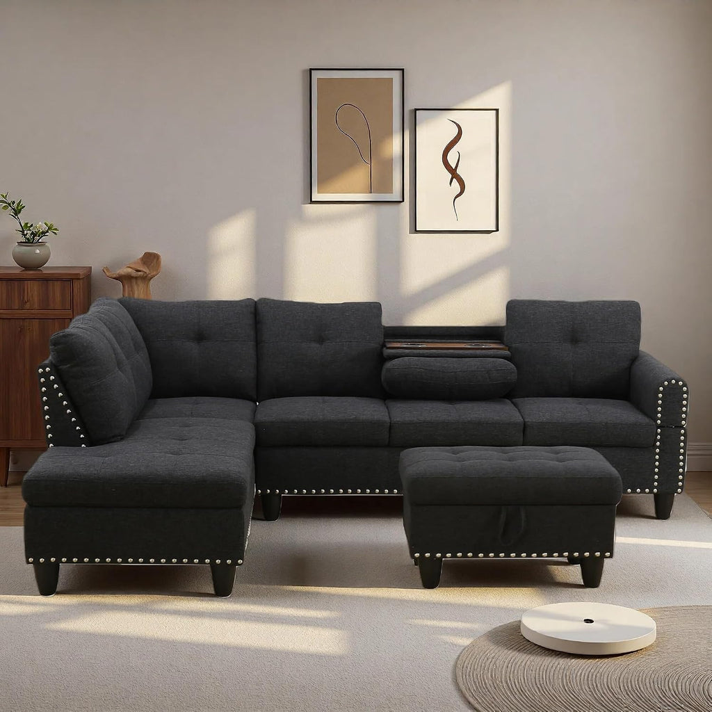 L Shaped Couches for Living Room, Sectional Couch Living Room Furniture with Storage Ottoman, Modular Sectional Sofa with Movable Chaise for Apartment Office, Black Grey