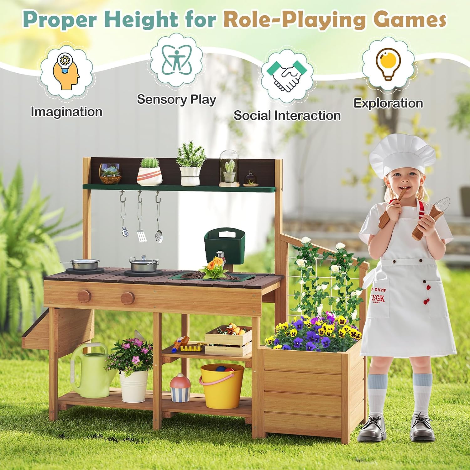 Costzon Mud Kitchen, Wooden Kids Potting Bench w/Removable Faucet, Sink, Stoves, Rotation Knobs, Planter Boxes, Trellis & Cooking Accessories, Mud Kitchen for Kids Outdoor 3-8 (Brown)
