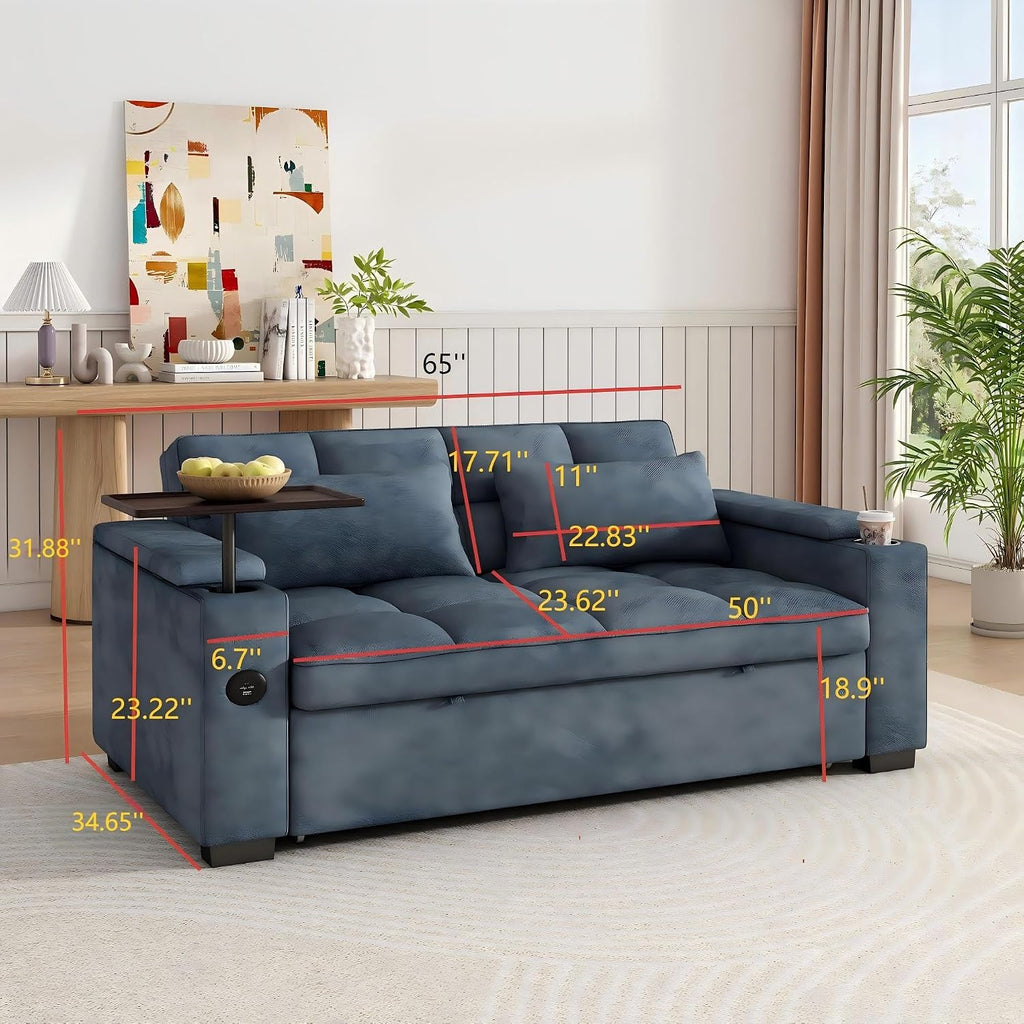 KEIKI 65' 3-in-1 Convertible Sofa Bed, Space-Saving Pull-Out Sleeper Couch with 90° Swivel Side Table, USB & Type-C Charging Ports, Hidden Storage, Modern Futon Sofa for Apartments & Small Spaces