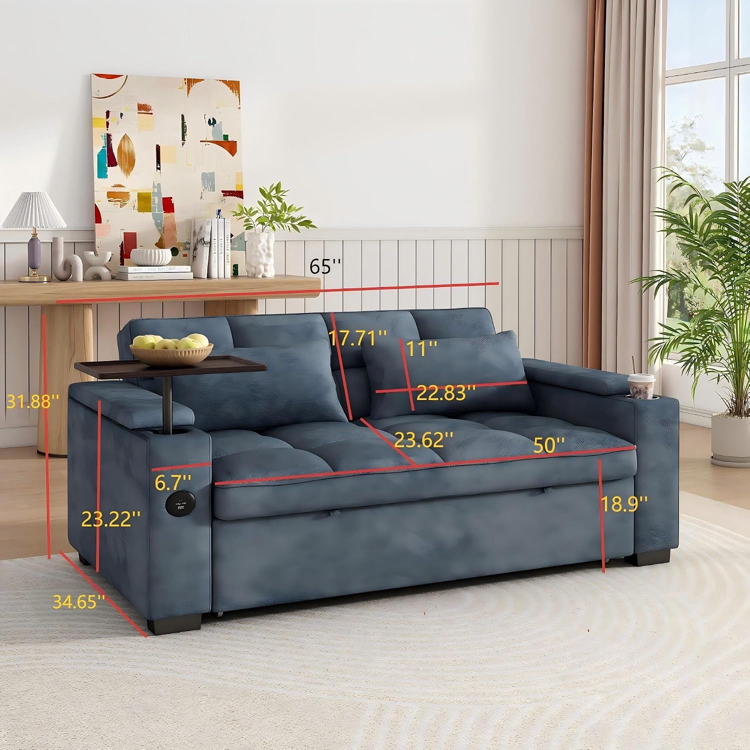 KEIKI 65' 3-in-1 Convertible Sofa Bed, Space-Saving Pull-Out Sleeper Couch with 90° Swivel Side Table, USB & Type-C Charging Ports, Hidden Storage, Modern Futon Sofa for Apartments & Small Spaces