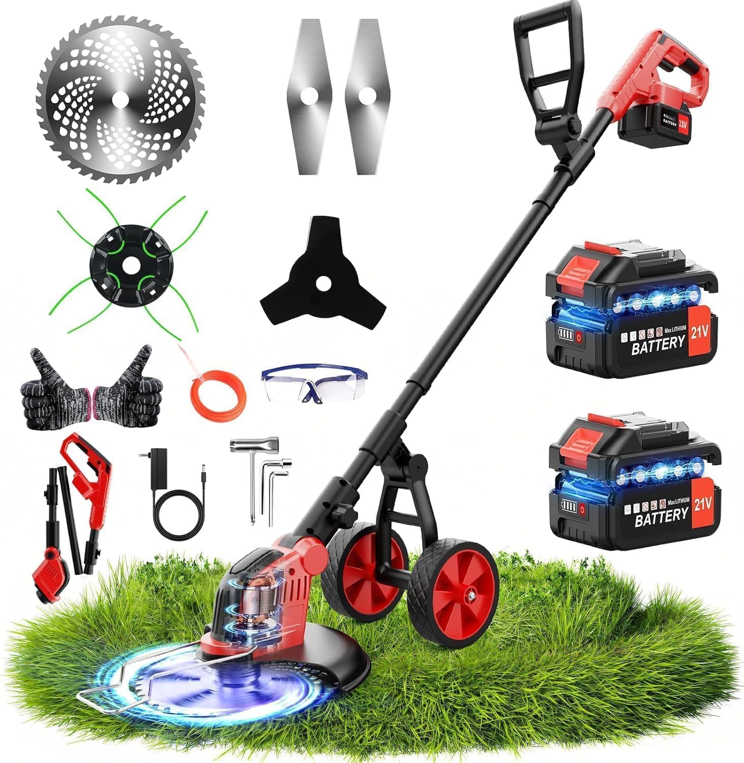 20000 RPM Electric Weed Wacker with Wheel,12″ Brushless Cordless Weed Eater Battery Powered,4-in-1 Brush Cutter/String Trimmer/Grass Edger/Tiller for Garden,Weed Trimmer,2 Battery (Black Red)