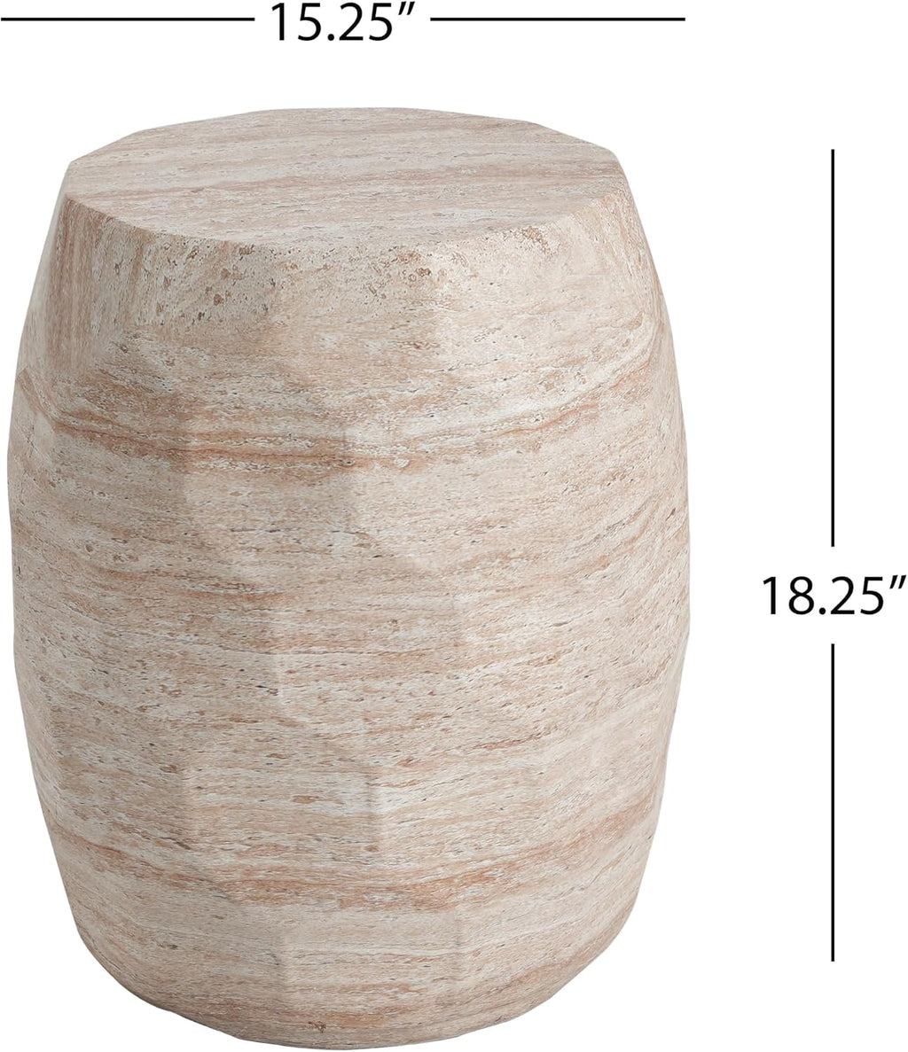 Christopher Knight Home Jaym 18.25' H Indoor Outdoor Accent Side Table, Patio Decorative End Table, Polygon Lightweight Concrete Garden Stool for Patio Balcony & Garden Decor, Travertine