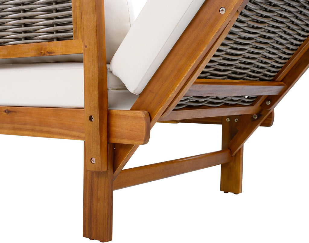 Christopher Knight Home Guru Patio Convertible Couch with Adjustable Armrest, Acacia Wood Outdoor Daybed, PE Wicker Patio 3 Seater Sofa, Back Pillow+Removable Cushion, Teak+Cream