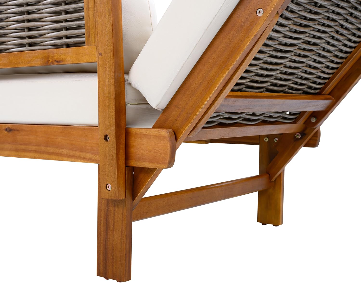 Christopher Knight Home Guru Patio Convertible Couch with Adjustable Armrest, Acacia Wood Outdoor Daybed, PE Wicker Patio 3 Seater Sofa, Back Pillow+Removable Cushion, Teak+Cream