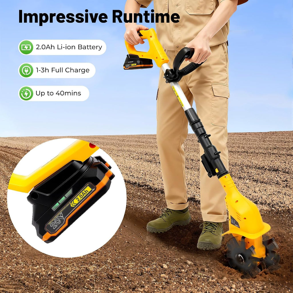 Cordless Tilling Machine, Handheld Tiller Cultivator with 2 Blades, 38.19-46.06in Adjustable Telescoping Pole, for Plowing, Weeding, Gardening, Cultivation (2 Blades)