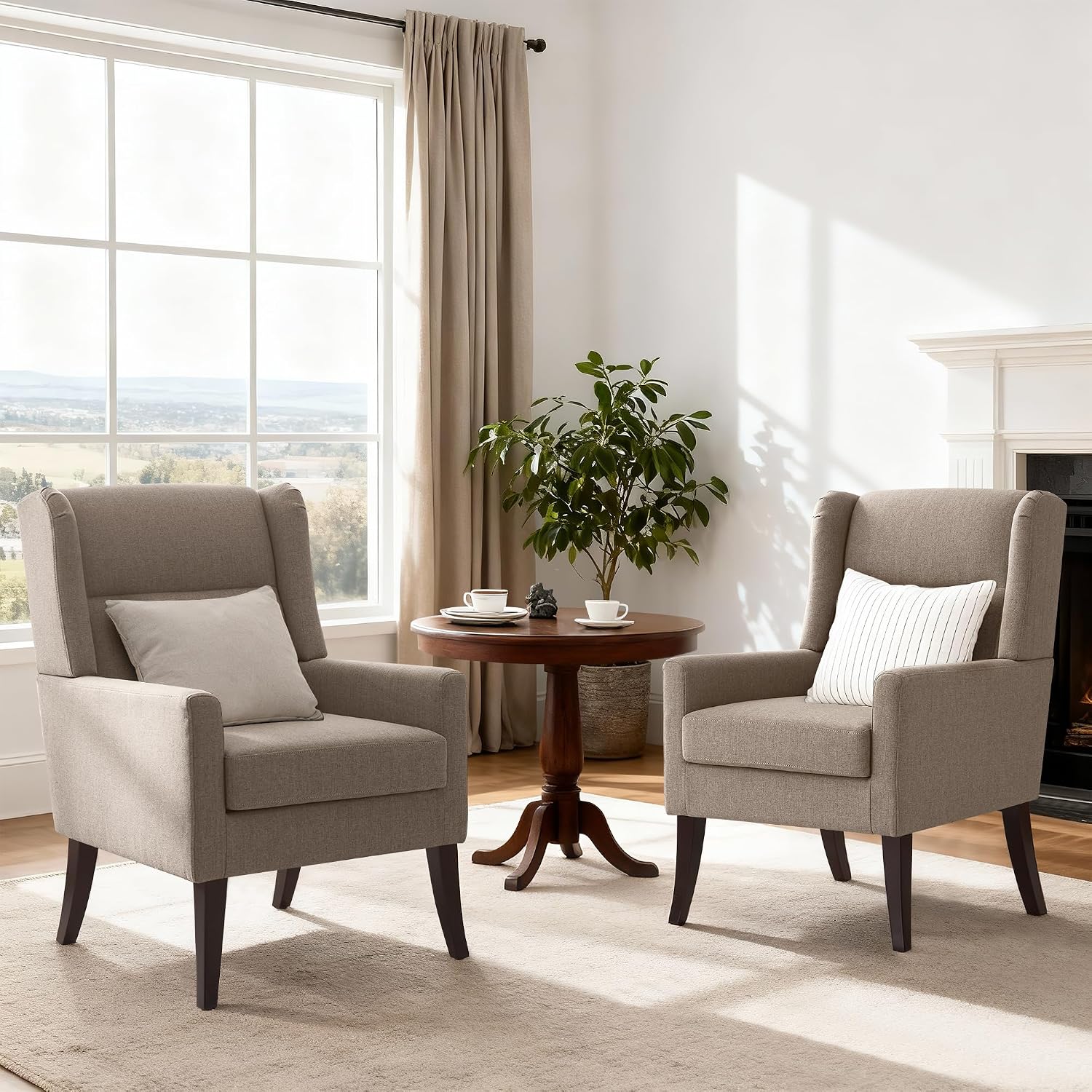 Zihanhome High Back Living Room Chairs, Fabric Accent Chair, Comfy Upholstered Armchair with Wooden Legs for Living Room, Bedroom, Apartment (2, Brown)